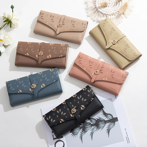Damen Geldbörse Lang PU Leder Blattmuster Elegant Umschlag Kartenhalter Schnalle Clutch Große Kapazität Student Beutel