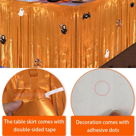 Halloween Table Skirt Metallic Foil Fringe Decorative Accessory With Bat Pumpkin Ghost Stickers For Party Atmosphere
