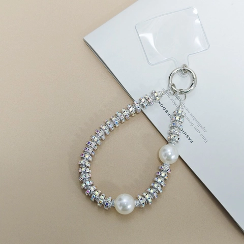 Catena per Cellulare in Metallo con Strass di Lusso con Perla Artificiale Cordino Anti-smarrimento per Donna Accessorio Borsa