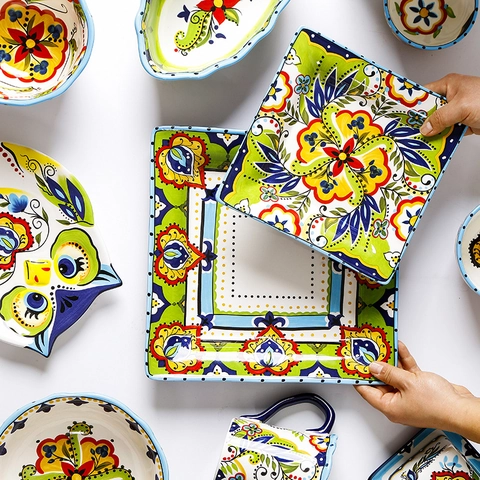 Bohemian Ceramic Dinnerware Hand Painted Floral Underglaze Tableware For Home Kitchen Microwave Dishwasher Safe