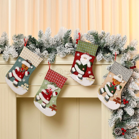 Large Christmas Stocking Polyester Flannel 3D Santa Snowman Reindeer Applique Xmas Tree Hanging Ornament Gift Bag Party Home Decor