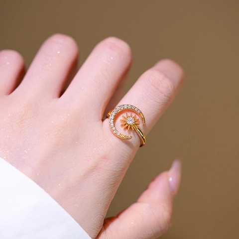 Sonne Mond Verstellbarer Ring Kupfer Vergoldet Zirkonia Öffnung Schmuck Für Frauen Luxus Himmlischer Stil