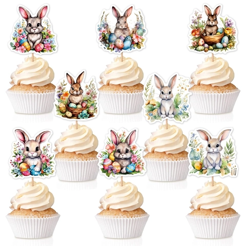 Decorazioni Per Cupcake Coniglietto Di Pasqua Acquerello Uovo Fiore Carta Legno Inserti Per Torte Per Festa DIY