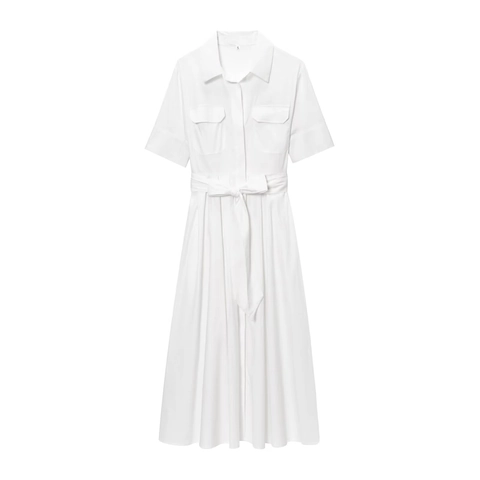 Women Shirt Dress Short Sleeve Solid Polyester Belted Lapel Single Breasted A-line Maxi Casual Style