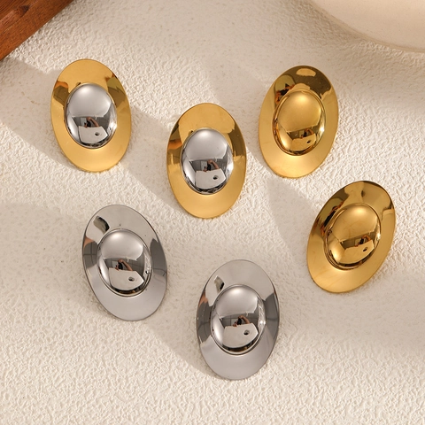 Oval Stainless Steel Stud Earrings 18K Gold Plated Geometric Mirror Finish Two-Tone Jewelry For Women