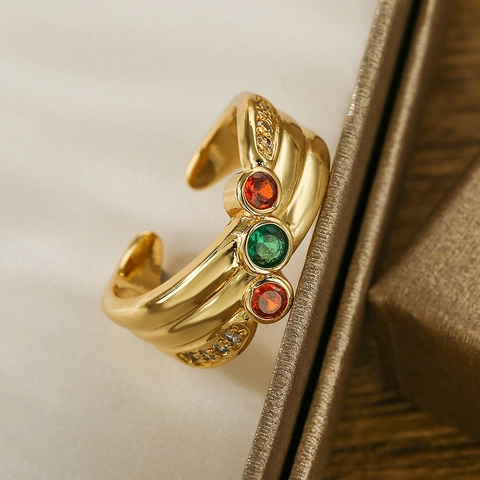 Vintage Copper Gold Plated Open Ring For Women Geometric Irregular Multi Layer Adjustable Zircon Micro Pave Jewelry