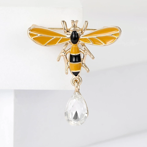 Broche Abeille Épingle Alliage Émail Forme Animale Avec Pendentif Cristal Goutte D'eau Accessoire Bijoux Mode