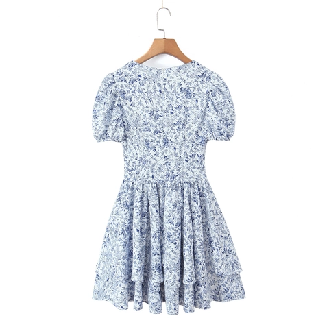 Floral Mini Dress Polyester V-Neck Puff Sleeve French Style Vacation Summer Blue White For Women
