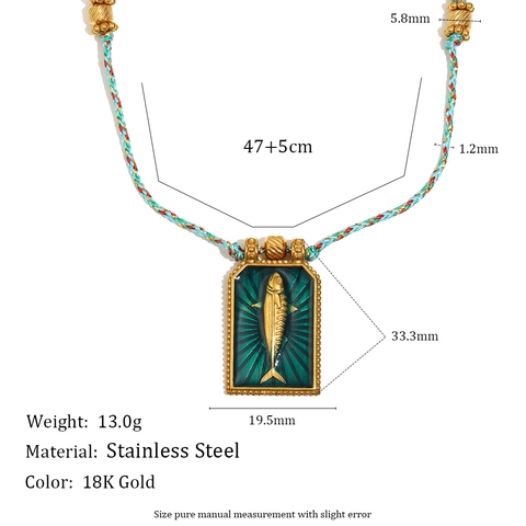 Collar Con Colgante De Carta De Tarot De Atún Vintage Acero Inoxidable Chapado En Oro Cuerda De Colores Tejida A Mano Mujer