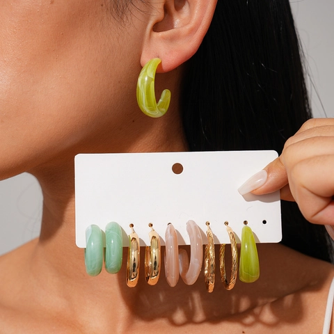 C Shape Hoop Earrings Acrylic Resin Marble Texture Geometric Alloy Jewelry With Silver Earring Post For Women Retro