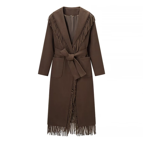 Women Long Woolen Texture Overcoat With Tassel Fringe Detail Lapel Collar Belted Waist Dark Brown Winter Fashion Elegant