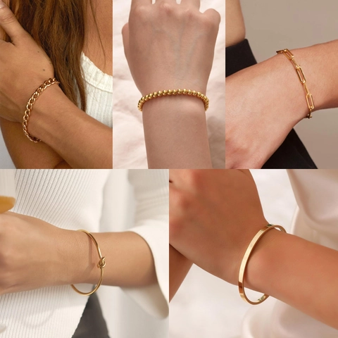 Joyería De Moda De Latón Chapado En Oro De 14K Pulsera Para Mujer Con Eslabón De Clip Y Cadena Cubana Y Eslabón Fígaro Y Brazalete