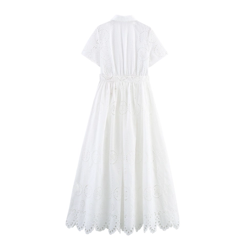 Damen Weißes Maxikleid Mit Ösenstickerei Eleganter Französischer Stil Revers Kurzarm Lochspitze Langes Hemdkleid