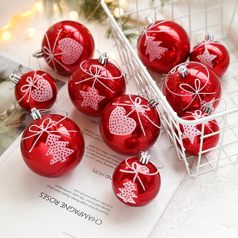 Plastic Christmas Ball Ornaments Painted Heart Star Tree Pattern Hanging Holiday Tree Decor High Gloss Festive Red White