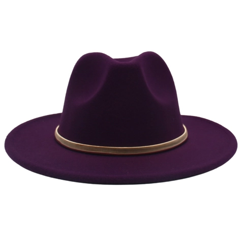 Elegant Fedora Hat Woolen Felt Wide Brim With Gold Metal Band Vintage Jazz Cap For Men Women Fashion