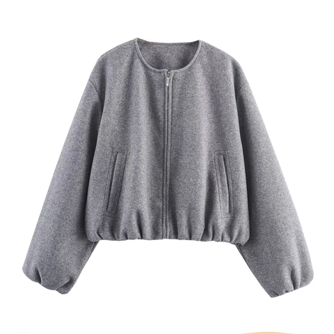 Women Fashion Round Neck Zip Up Bomber Jacket Solid Color Long Sleeve Casual Soft Wool Like Fleece Loose Fit Fall Outerwear