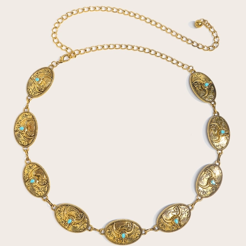 Vintage Bohemian Metal Waist Chain For Women Antique Gold Silver Artificial Stone Inlay Sunburst Bull Head Link Belt Punk Jewelry