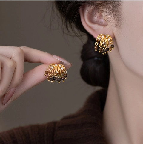Boucles D'oreilles Puces À Franges En Forme D'éventail Vintage Avec Pierre Oeil De Tigre Zircon Et Tige En Argent Sterling 925 Pour Femmes