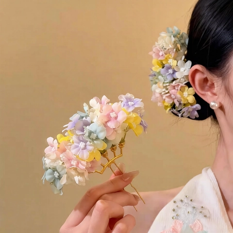 Elegant Fabric Flower Hair Stick New Chinese Style Multi Color Floral Hair Fork Alloy U-Shaped Hairpin For Women