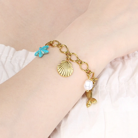 Bracciale Con Ciondoli Tema Oceano Stella Marina Conchiglia Tartaruga Acciaio Inossidabile Placcato Oro 18K Gioielli Da Spiaggia Per Donne