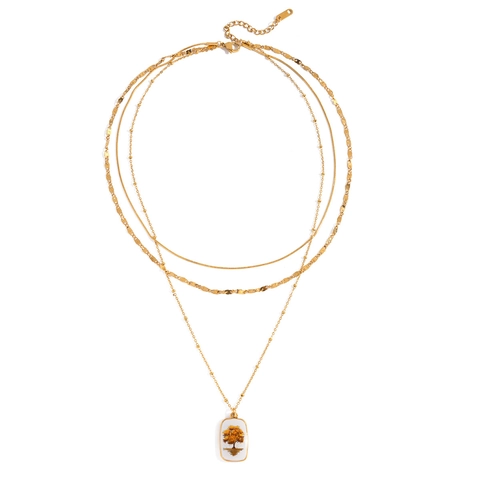 Collier Multi-Rangs Plaqué Or 18K Acier Inoxydable Pendentif Arbre De Vie Rectangulaire Imperméable Pour Femmes
