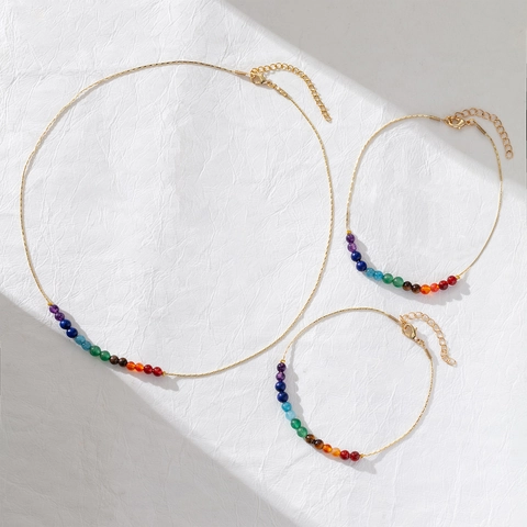Collar Pulsera Y Tobillera De Cobre Con Cuentas De Piedra Natural Arcoíris Joyería Chapada En Oro 14K Moda Mujeres