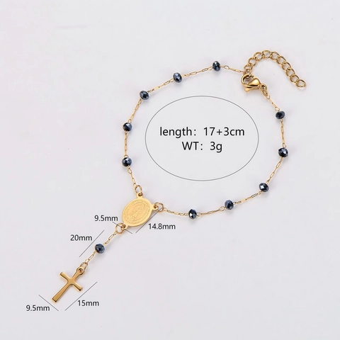 304 Stainless Steel Rosary Bracelet 18K Gold Plated Faceted Beads Religious Cross Virgin Mary Medal Adjustable Jewelry