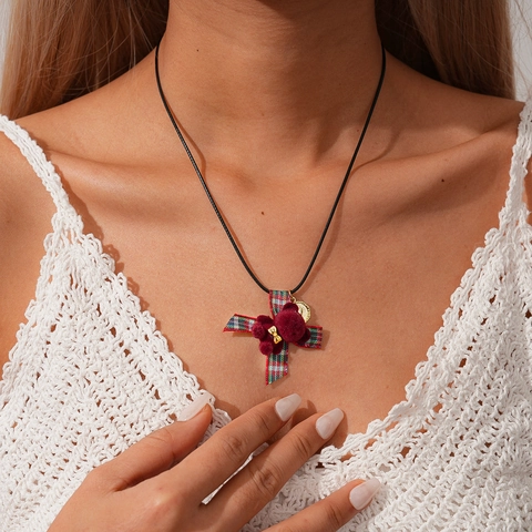 Collana Con Ciondolo Orso Floccato E Fiocco Retro Quadri Rosso Verde Catena Lunga Gioielli Di Natale Per Donna