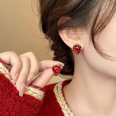Strawberry Stud Earrings Red Resin Copper With 925 Sterling Silver Earring Post Sweet Fruit Jewelry For Women