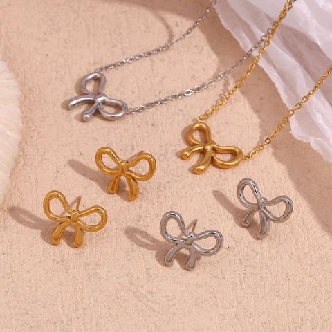 Strik Hanger Ketting En Oorknopjes Roestvrij Staal Verguld Chique Niche Sieraden Voor Dames