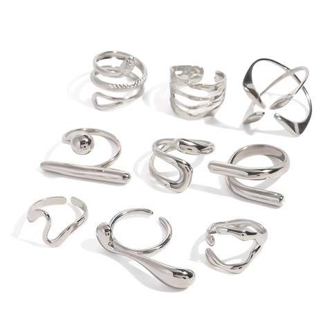 Minimalist Stainless Steel Open Rings For Women Geometric Adjustable Liquid Metal Punk Style Silver Color Waterproof