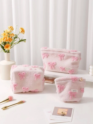 Trousse De Maquillage En Peluche Étui De Rangement Cosmétique En Polaire Douce Avec Nœud Papillon Décor Organisateur Voyage Style Fille