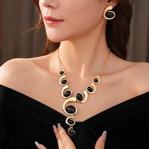 Juego De Collar Y Pendientes Geométricos De Aleación Piedra Ovalada Negra Con Poste De Plata Joyas De Lujo Para Mujeres
