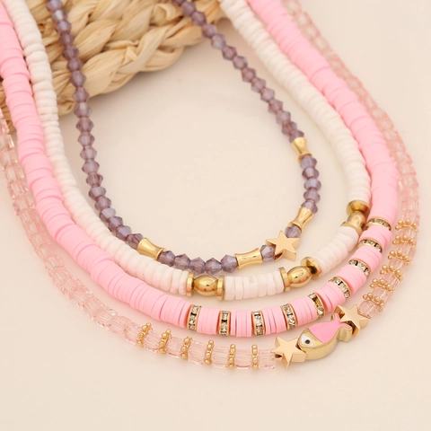 Collana Multistrato Boho Acciaio Inossidabile Cristallo Argilla Polimerica Stella Pesce Pendente Perline Donna