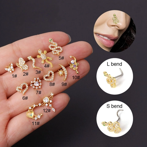 Nose Studs Stainless Steel Copper Zircon Piercing Jewelry L Shape Screw Post Snake Heart Star Moon For Women