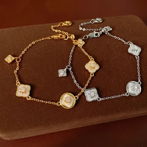 Bracciale A Fiori In Madreperla Rame Con Zircone Elegante Stile Vintage Francese Placcato Oro Gioielli Con Ciondoli Regolabili