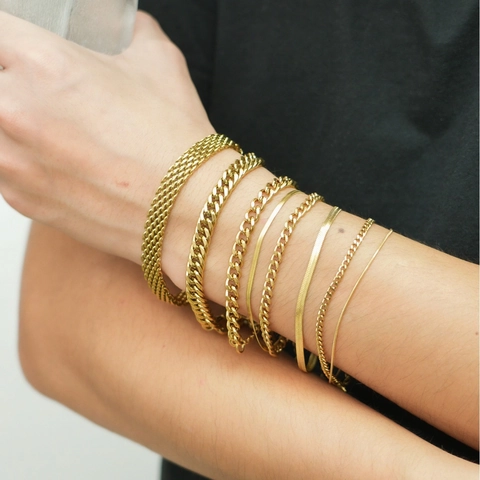 Bracelet For Women Men Stainless Steel 18K Gold Plated Double Layer Cuban Snake Wheat Chain Geometric Minimalist Jewelry