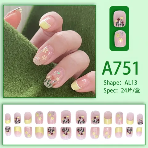 Press On Nails French Tulip Flower Pattern Glitter Fresh Elegant Style False Nails With Glue