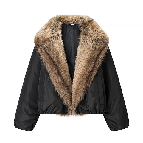 Giacca Corta Da Donna Con Collo In Pelliccia Sintetica Chiusura Con Cerniera Nero Solido Moda Casual Cappotto Caldo A Maniche Lunghe