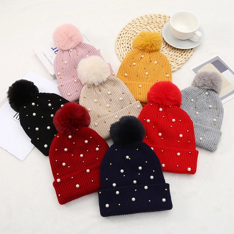 Berretto In Maglia Invernale Da Donna Con Pompon In Pelliccia Sintetica E Künstliche Perle Artificiali Berretto Caldo