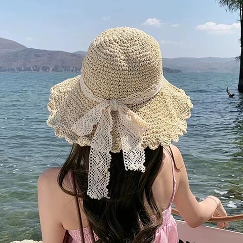 Cappello Di Paglia Da Donna Cappello Da Sole Tesa Larga Pieghevole Spiaggia Pizzo Fiocco Perla Artificial Ricamo Floreale Vacanze Estive Protezione UV