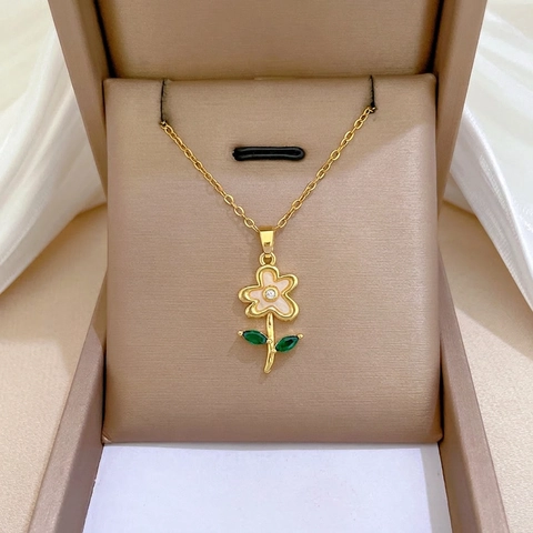 Elegant Flower Pendant Necklace Stainless Steel Chain Copper Zircon Inlaid Enamel Petals Green Leaves Jewelry For Women