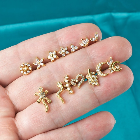 Internally Threaded Lip Ring Stud Stainless Steel Zircon Inlaid Flower Moon Snake Body Piercing Jewelry For Women Men