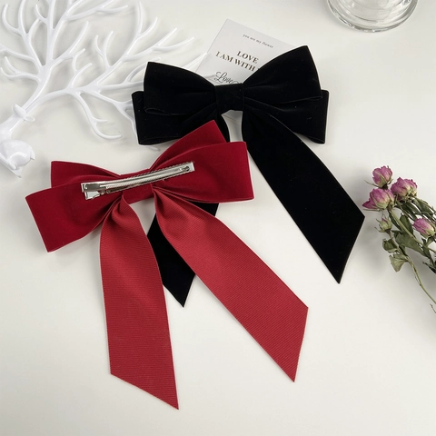 Pinza de Pelo de Lazo Grande de Terciopelo Vintage Con Cintas Largas Estilo Francés Elegante Negro Burdeos Accesorio Para Mujer