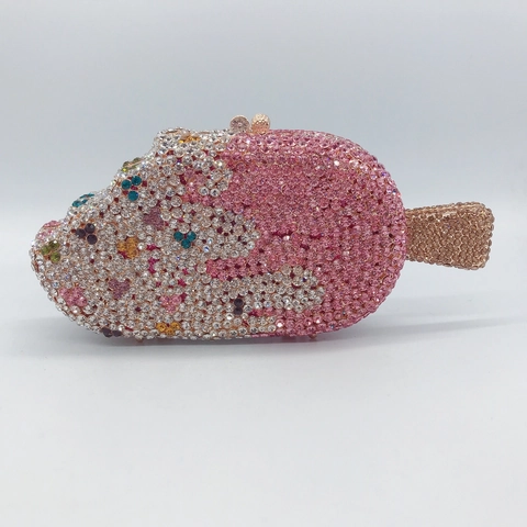 Ice Cream Shape Rhinestone Evening Clutch Bag For Women Sparkling Crystal Banquet Handbag Party Purse Metal Frame