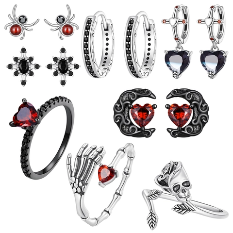 925 Sterling Silver Halloween Jewelry Set Gothic Skull Spider Heart Zirconia Stud Earrings Skeleton Hand Open Ring For Women
