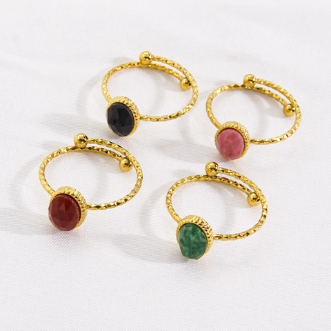 Bague Ouverte Ajustable Vintage Acier Inoxydable Plaqué Or 14K Texture Martelée Pierre Précieuse Ovale Facettée Bijoux Élégants Femmes