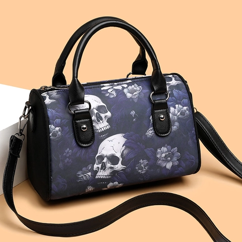 Gothic Skull Floral Print Boston Bag Oxford Cloth Large Capacity Handbag Retro Dark Style Women Crossbody Shoulder Bag