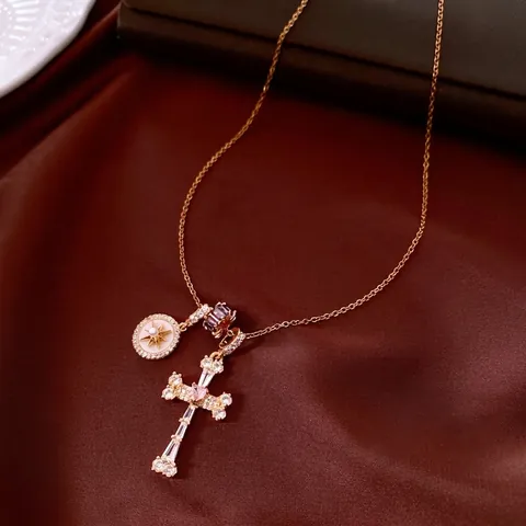 Collana Con Pendente A Croce In Rame Placcato Oro 18K Multi Zircone Madreperla Starburst Gioielli Da Donna Catena