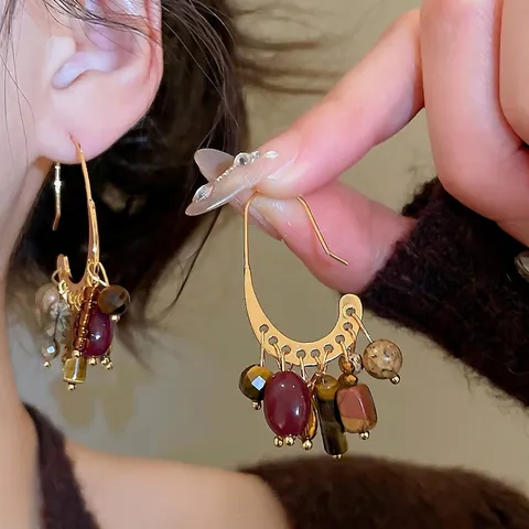 Bohemian Retro Drop Earrings With Multicolor Stone Beads Tassel And 925 Sterling Silver Earring Post For Women